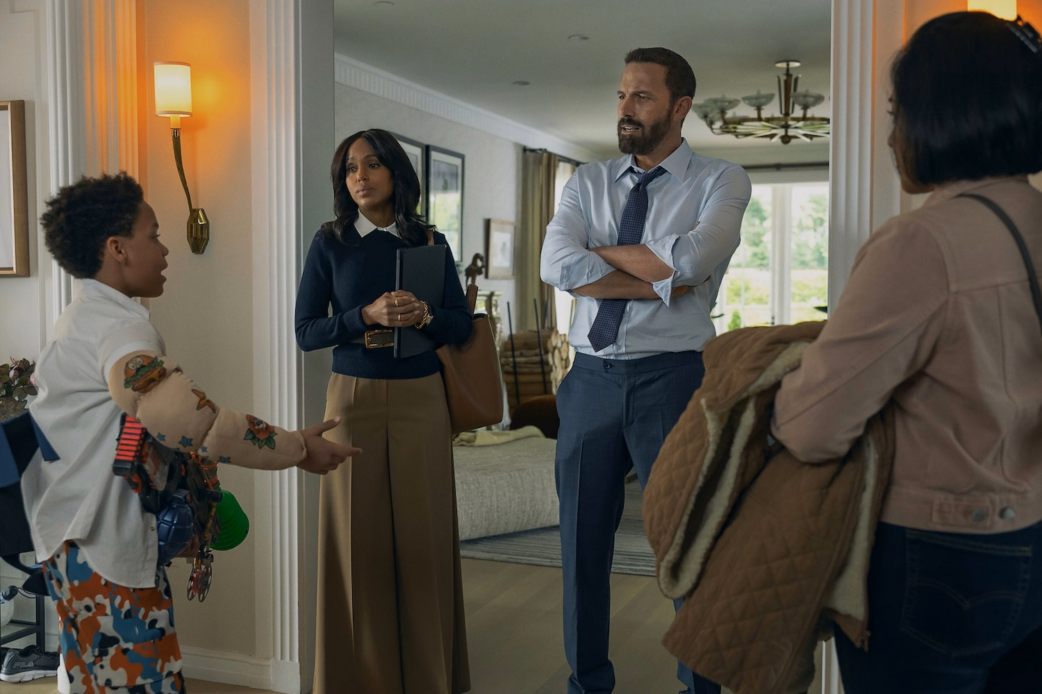 Christopher Woodley as Denny, Kerry Washington as Abigail, Ben Affleck as Mark and Adriana Paz as Cecilia in Animals. Cr. Warrick Page/Netflix © 2026.